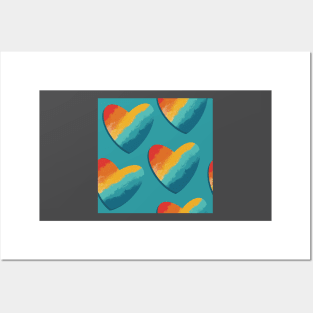 Retro Rainbow Hearts Repeat Pattern on Blue Posters and Art